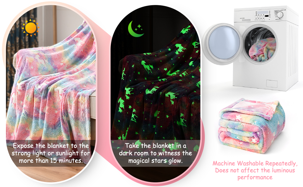 Unicorn Glow in The Dark Blanket for Kids Super Soft Fluffy Throw Gift for Girl Christmas Pink